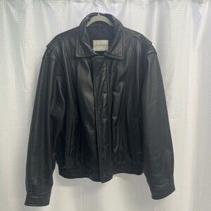 London Fog Men’s Black Leather Bomber Jacket Classic Aviator Large